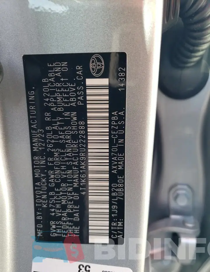 4T1K61AK9RU222888 Photo# 12