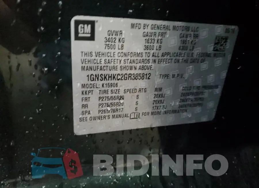 1GNSKHKC2GR385812 Photo# 14