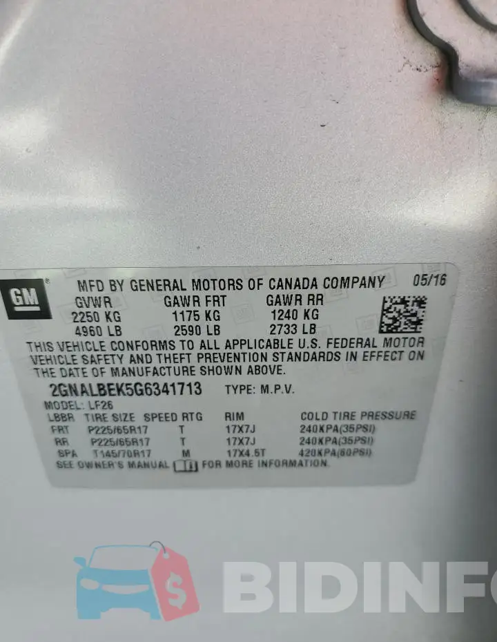 2GNALBEK5G6341713 Photo# 14
