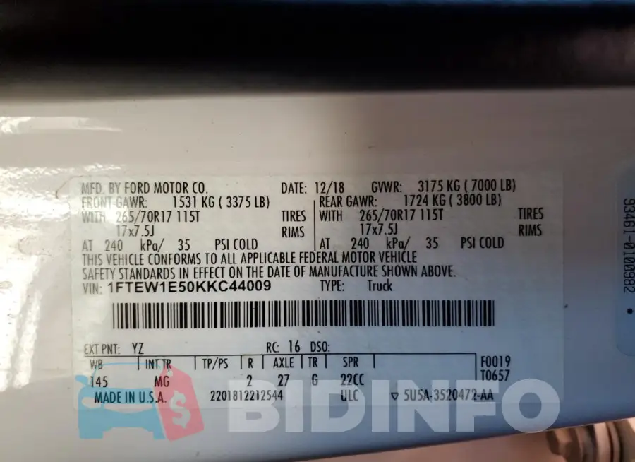 1FTEW1E50KKC44009 Photo# 12