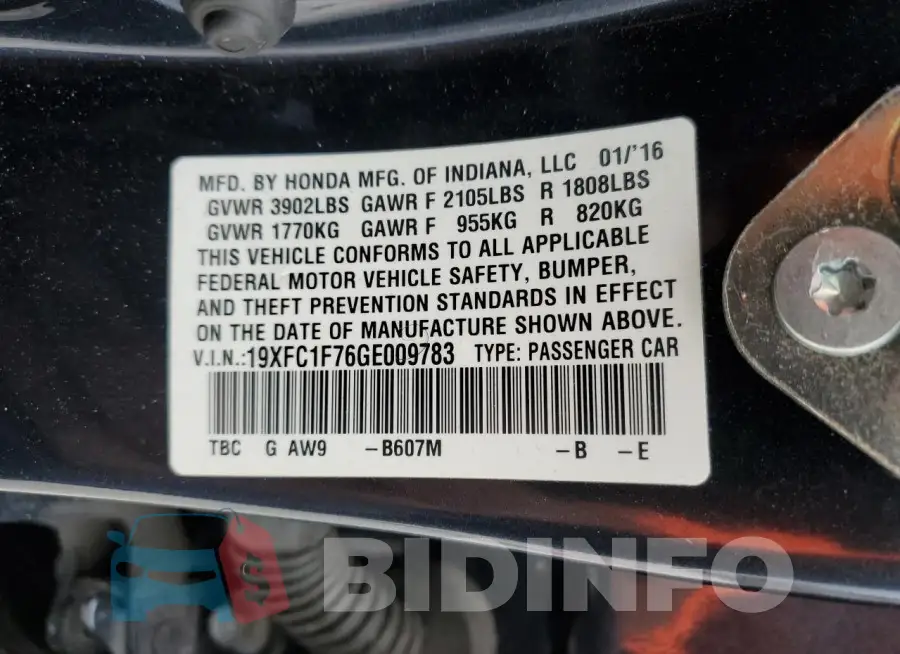 19XFC1F76GE009783 Photo# 12