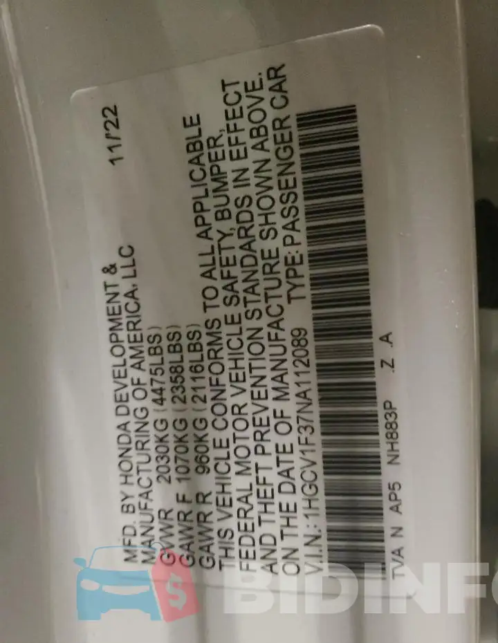 1HGCV1F37NA112089 Photo# 12