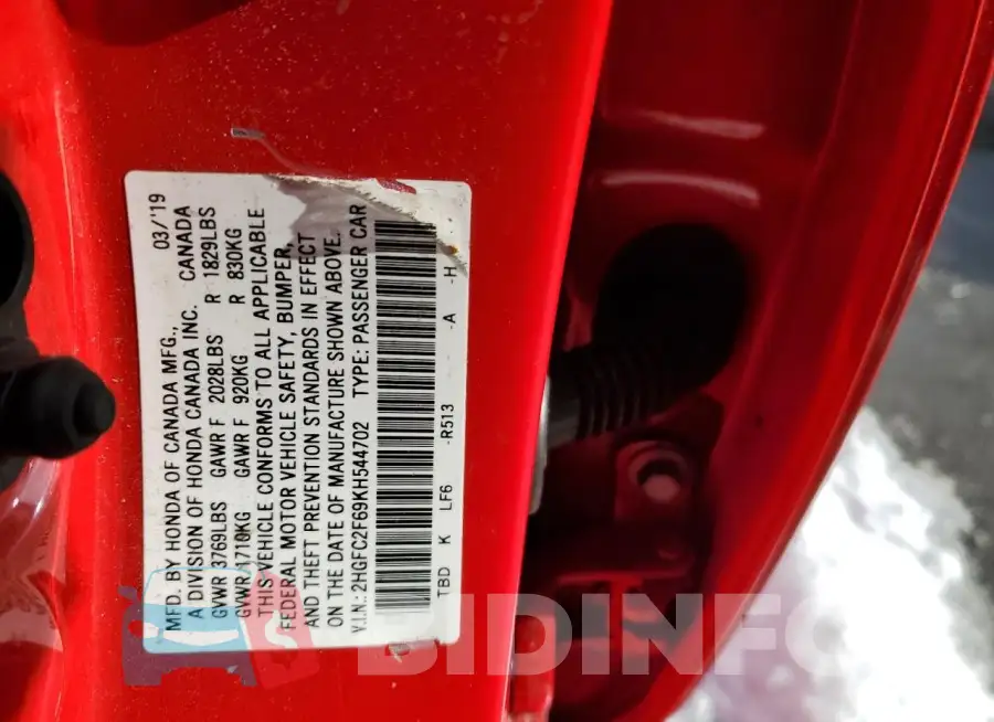 2HGFC2F69KH544702 Photo# 12