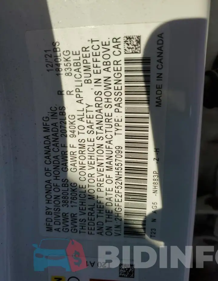 2HGFE2F52NH557099 Photo# 12