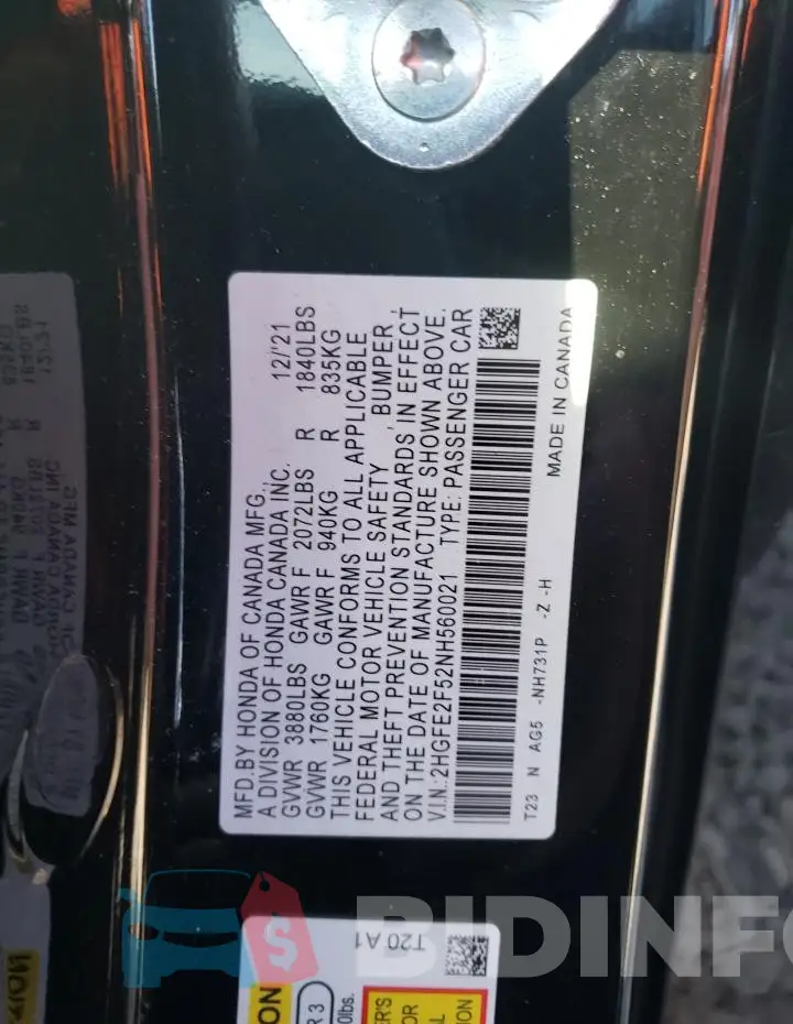 2HGFE2F52NH560021 Photo# 12