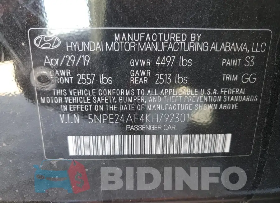 5NPE24AF4KH792301 Photo# 12