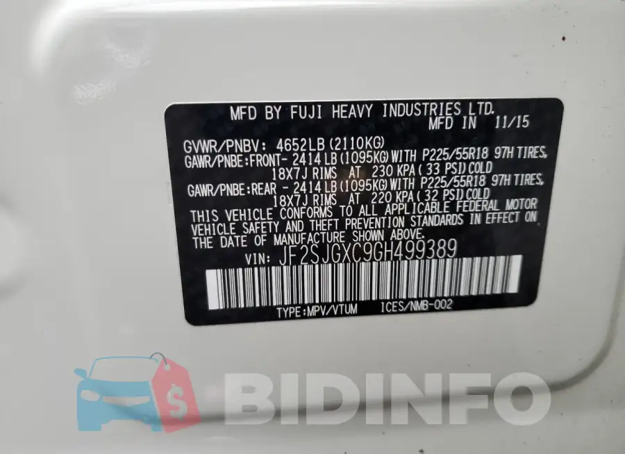 JF2SJGXC9GH499389 Photo# 12