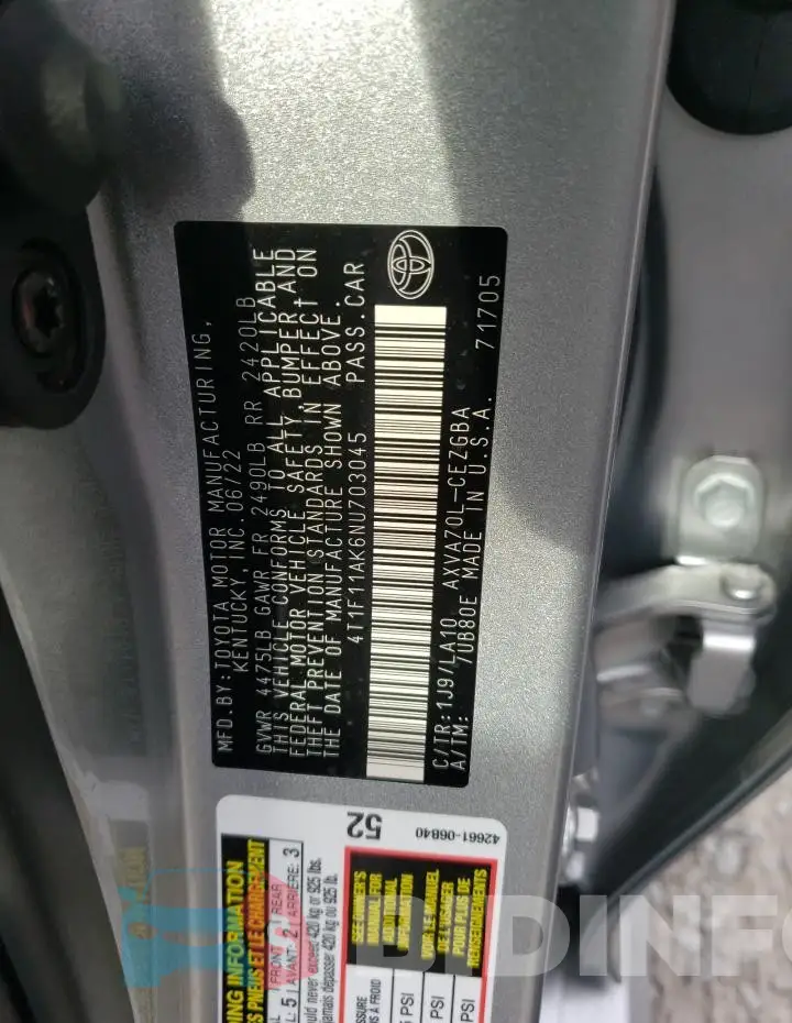 4T1F11AK6NU703045 Photo# 12