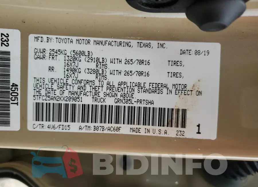 5TFCZ5AN2KX209051 Photo# 12