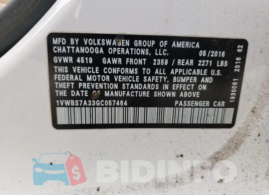 1VWBS7A33GC057464 Photo# 12