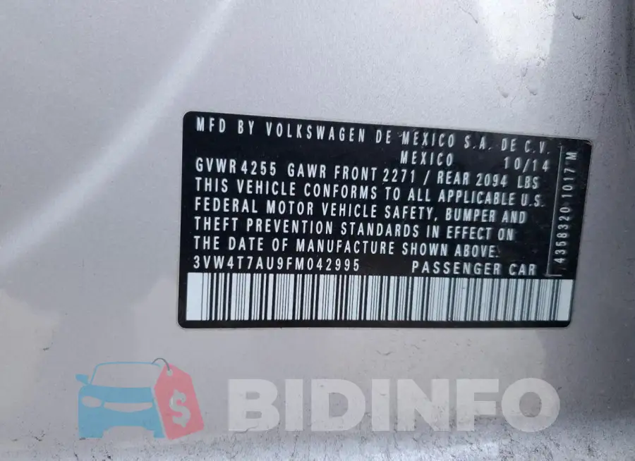 3VW4T7AU9FM042995 Photo# 12