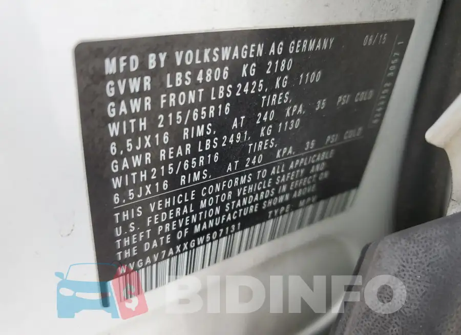 WVGAV7AXXGW507131 Photo# 13
