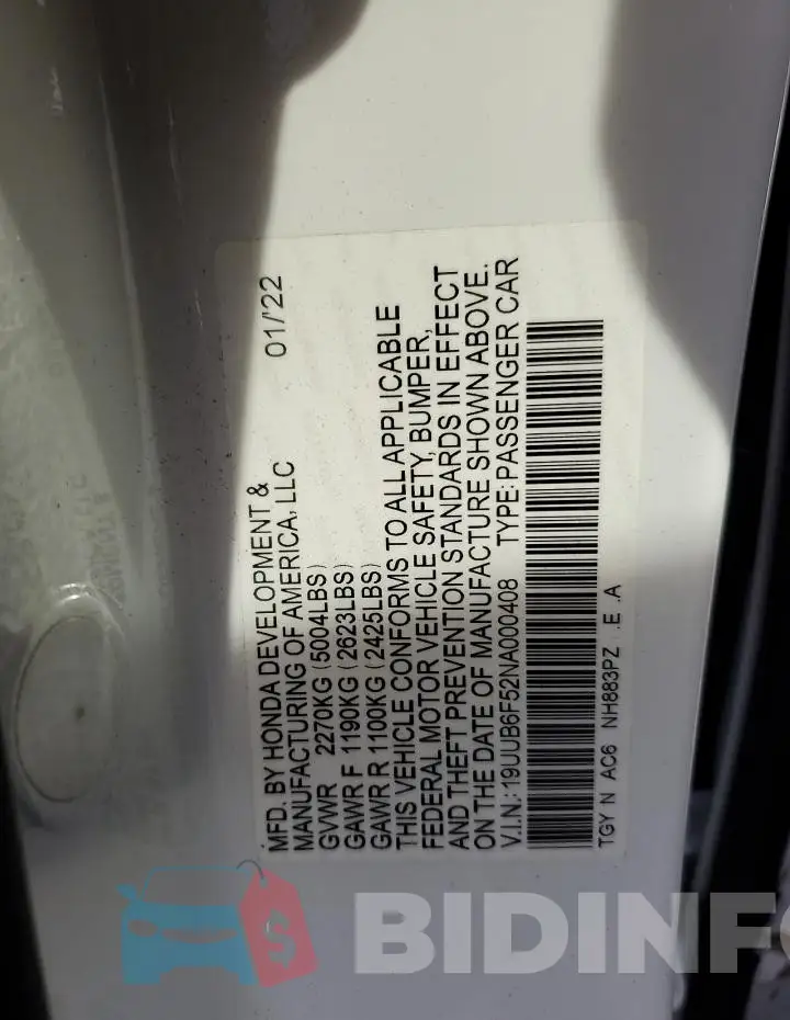 19UUB6F52NA000408 Photo# 12