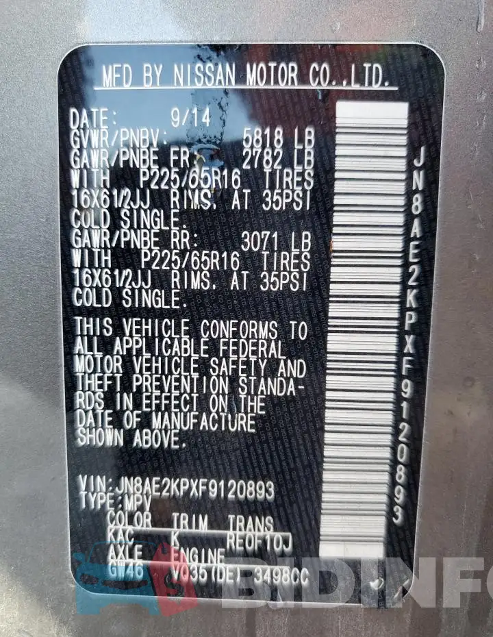 JN8AE2KPXF9120893 Photo# 13