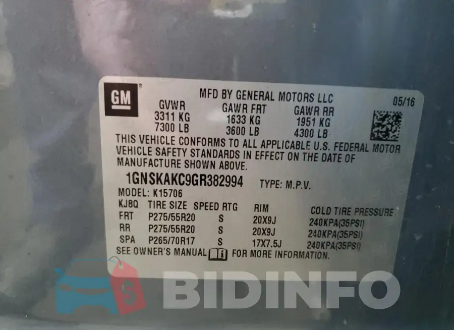 1GNSKAKC9GR382994 Photo# 13