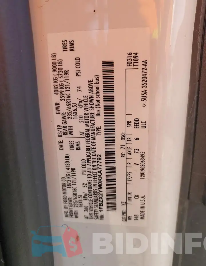 1FBZX2YM0KKA77792 Photo# 13