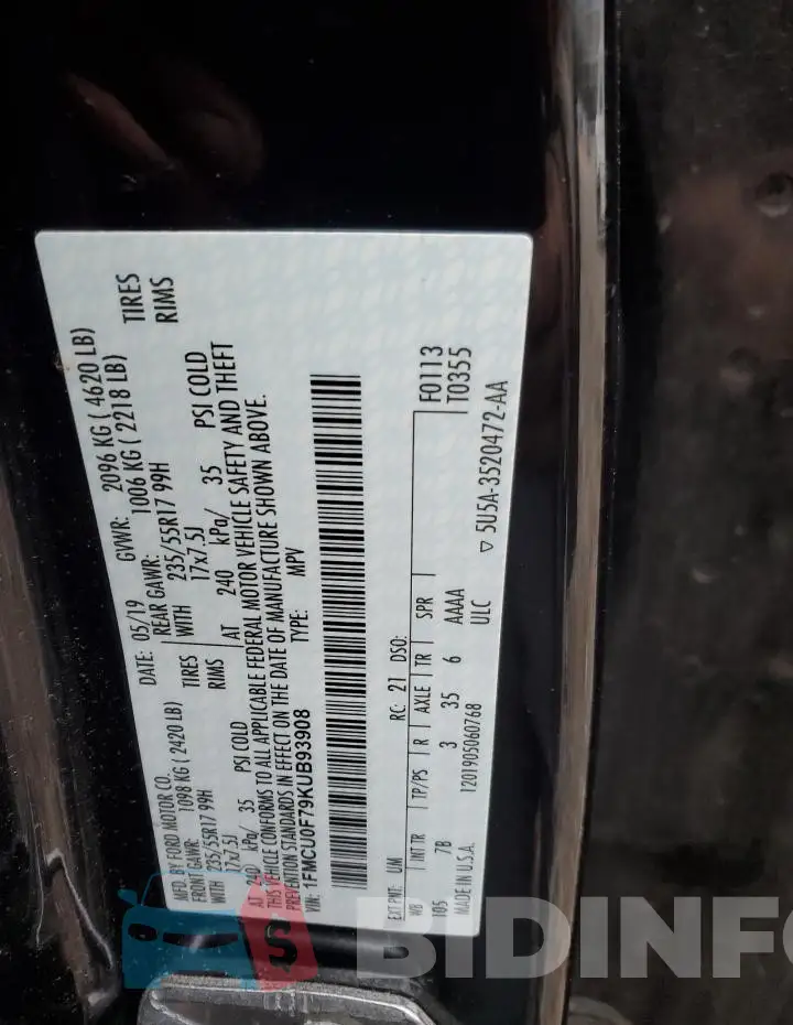 1FMCU0F79KUB93908 Photo# 14