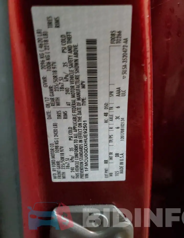1FMCU0GDXHUE92501 Photo# 13