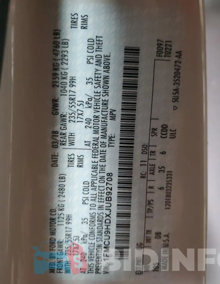 1FMCU9HDXJUB92708 Photo# 13