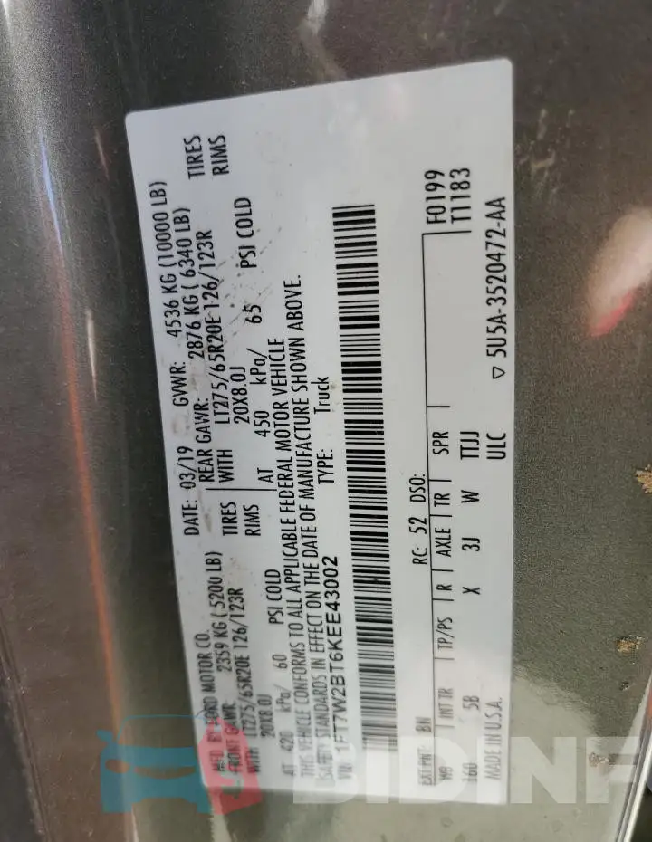 1FT7W2BT6KEE43002 Photo# 12