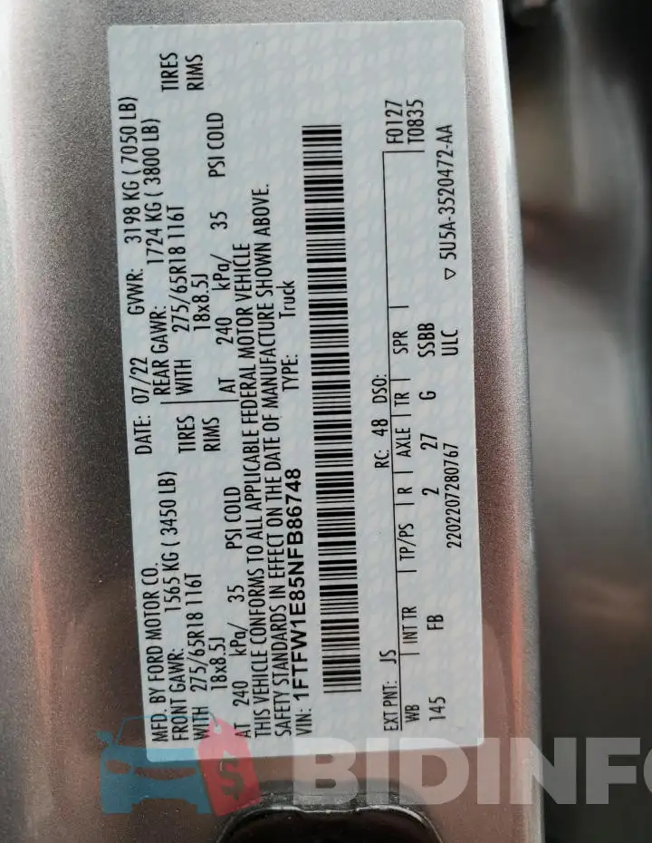 1FTFW1E85NFB86748 Photo# 12
