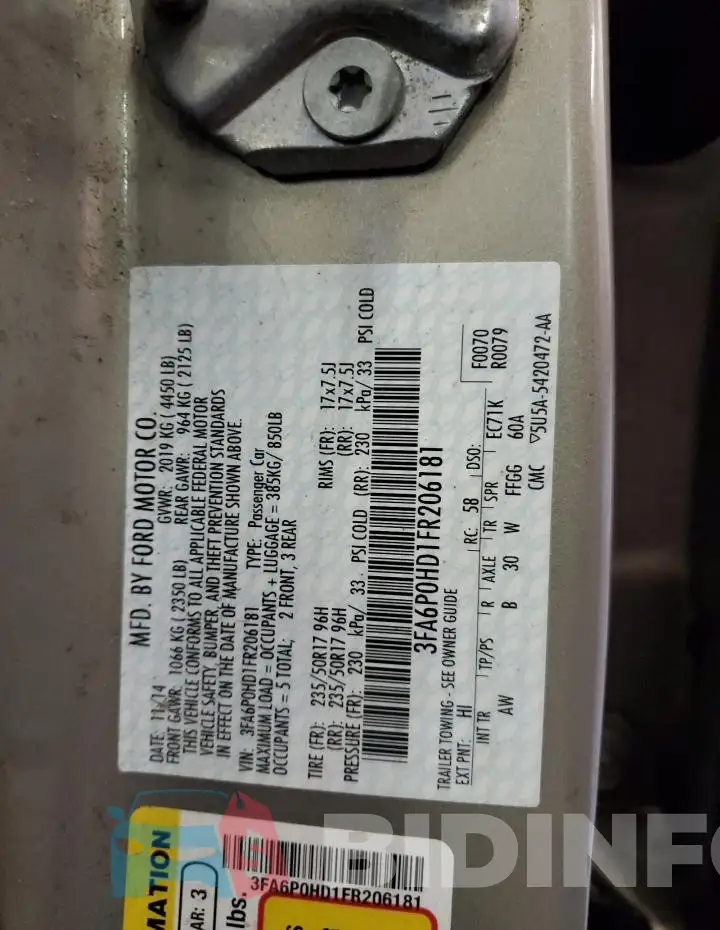 3FA6P0HD1FR206181 Photo# 12
