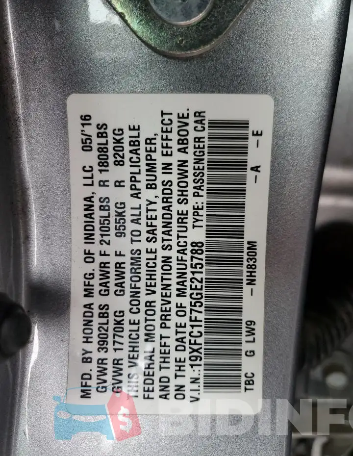19XFC1F75GE215788 Photo# 12