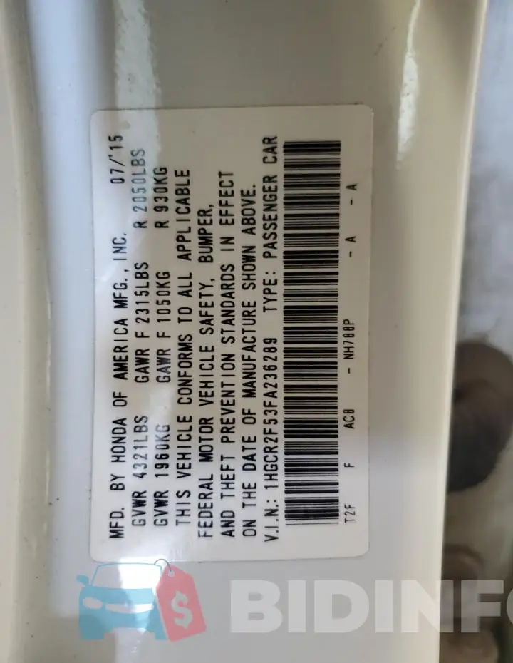 1HGCR2F53FA236289 Photo# 12
