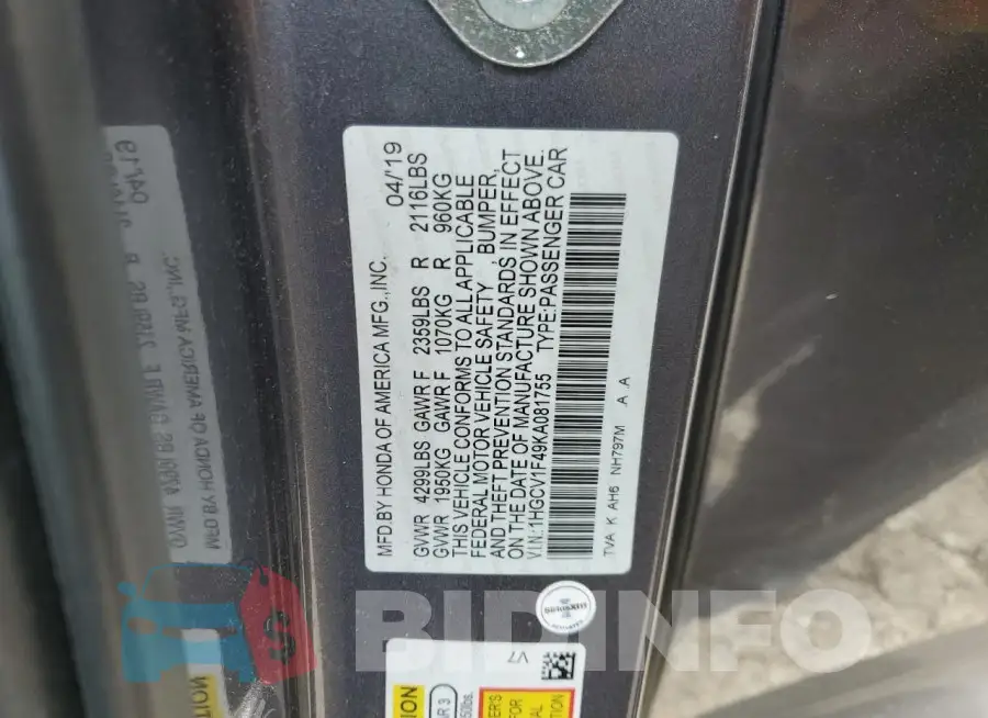 1HGCV1F49KA081755 Photo# 12