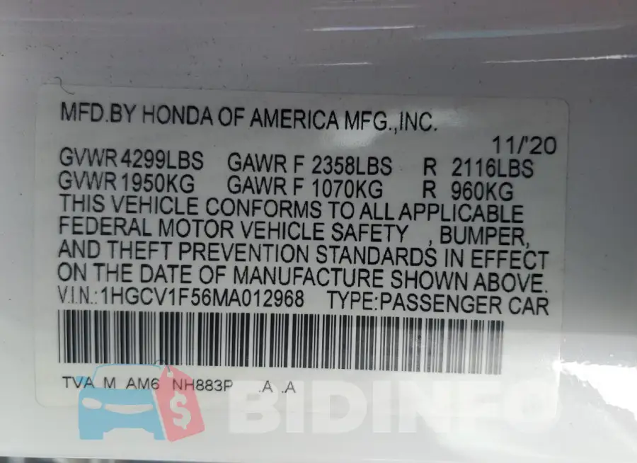 1HGCV1F56MA012968 Photo# 12
