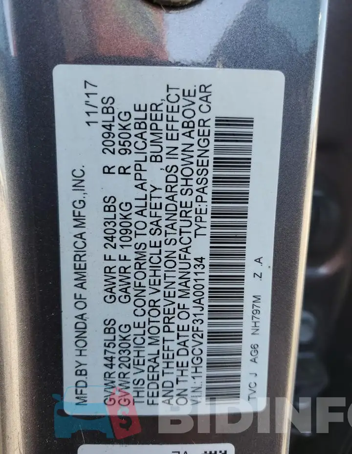 1HGCV2F31JA001134 Photo# 12