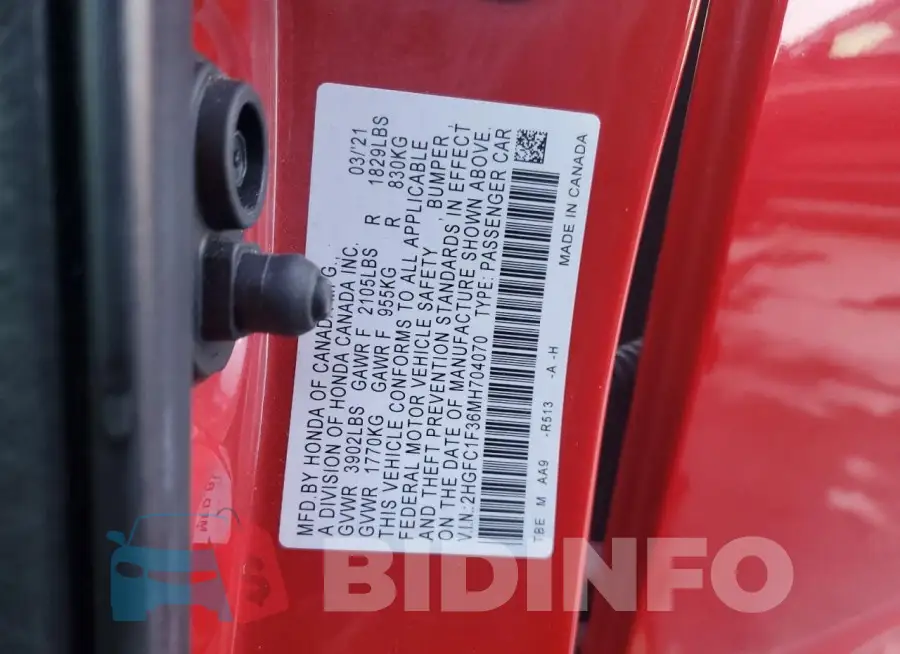 2HGFC1F36MH704070 Photo# 12