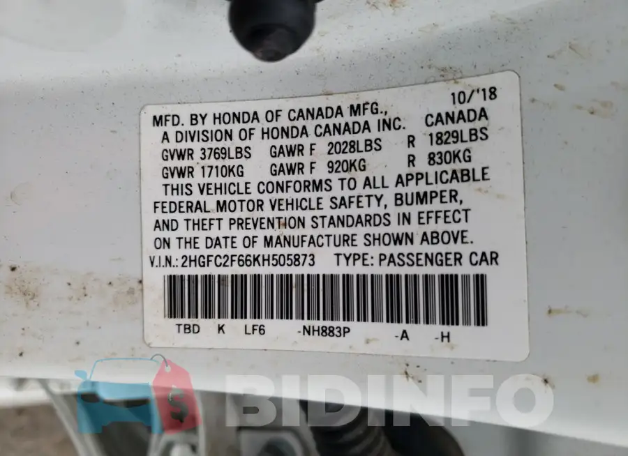 2HGFC2F66KH505873 Photo# 12