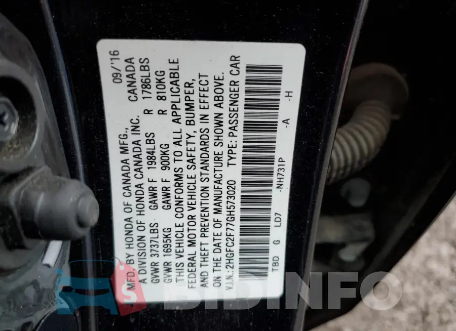 2HGFC2F77GH573020 Photo# 12