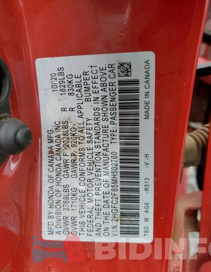 2HGFC2F85MH502760 Photo# 13