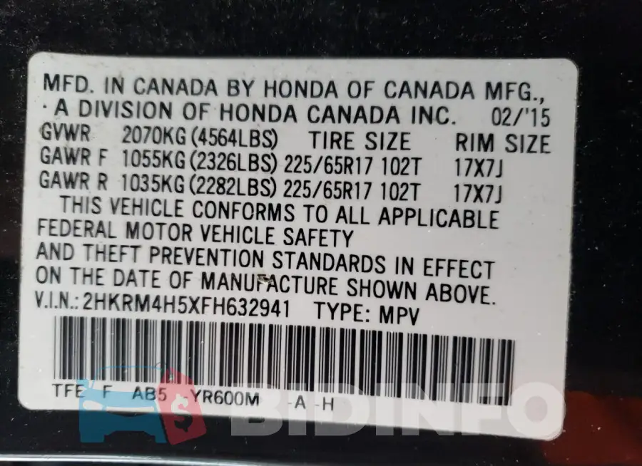 2HKRM4H5XFH632941 Photo# 14