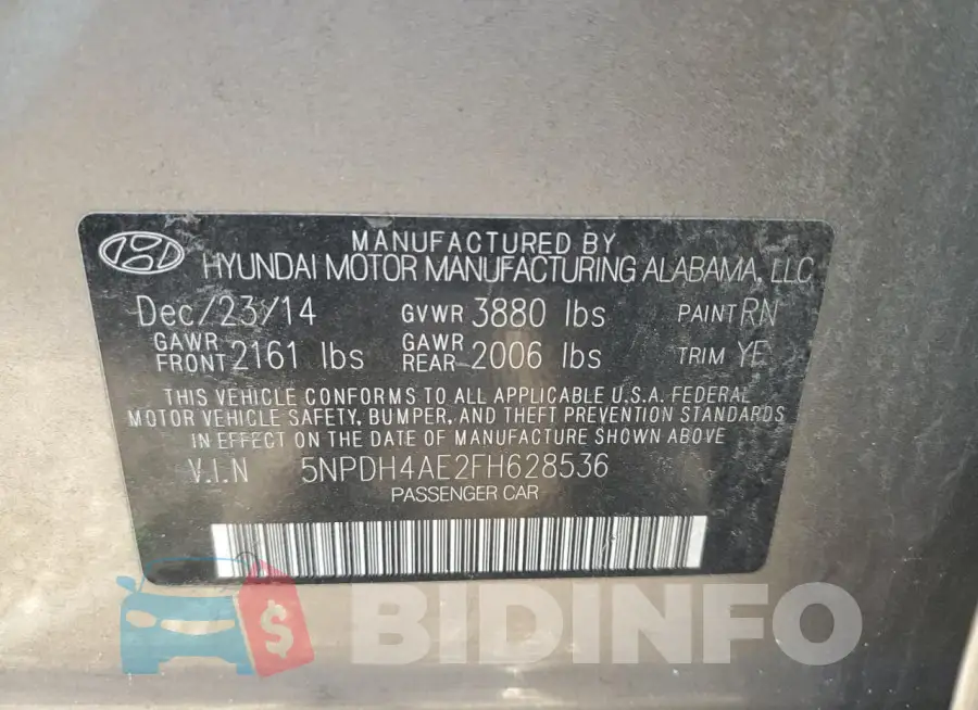5NPDH4AE2FH628536 Photo# 12
