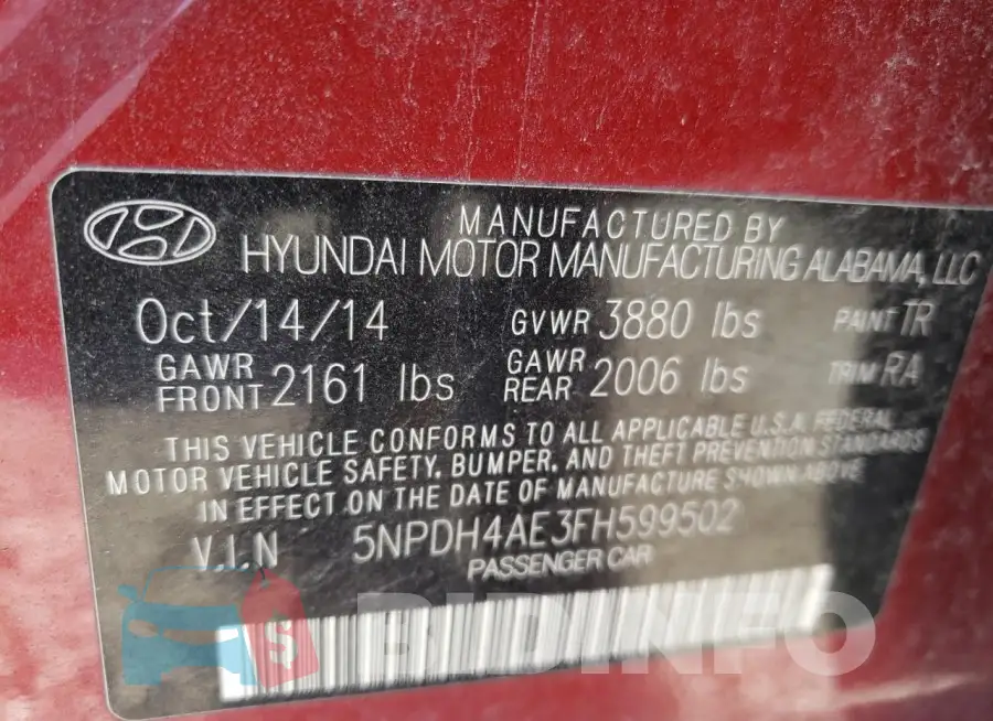 5NPDH4AE3FH599502 Photo# 12