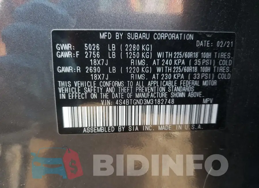4S4BTGND3M3182748 Photo# 13