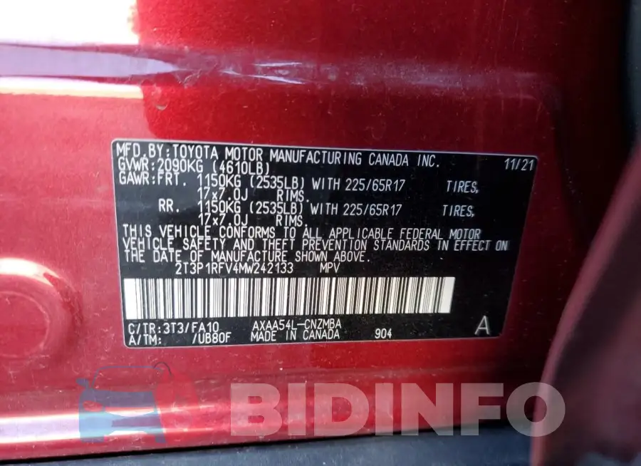 2T3P1RFV4MW242133 Photo# 12