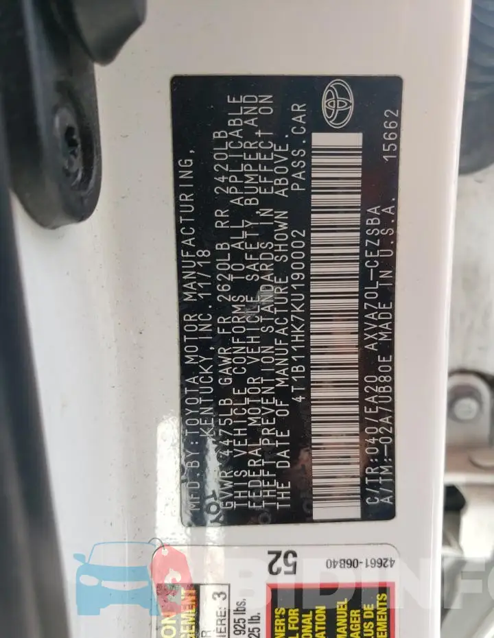 4T1B11HK7KU190002 Photo# 13