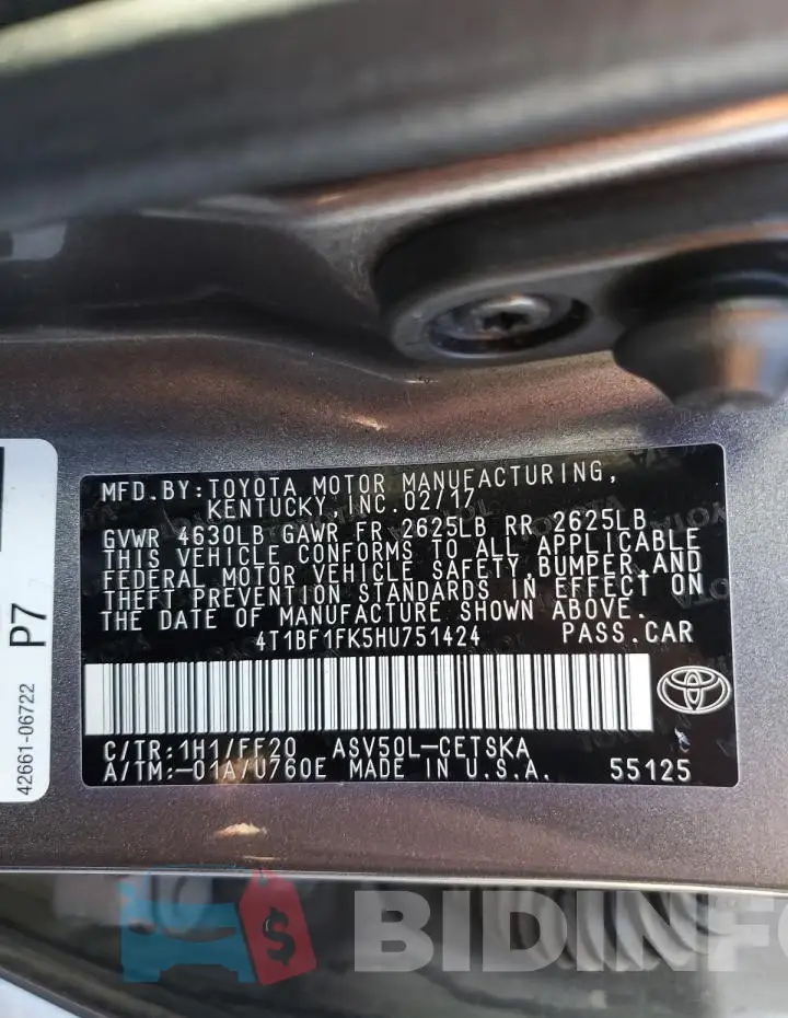 4T1BF1FK5HU751424 Photo# 12