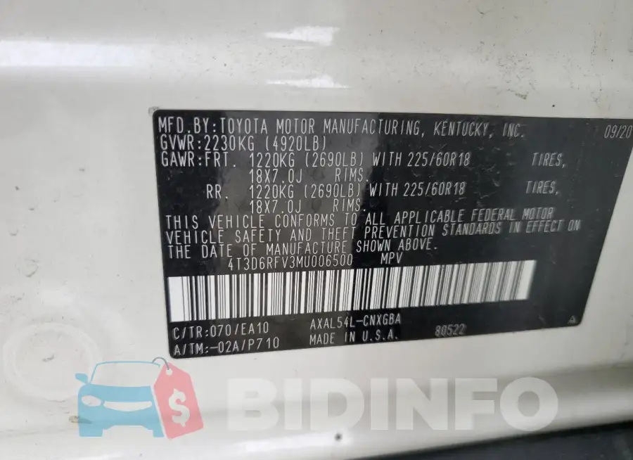 4T3D6RFV3MU006500 Photo# 14