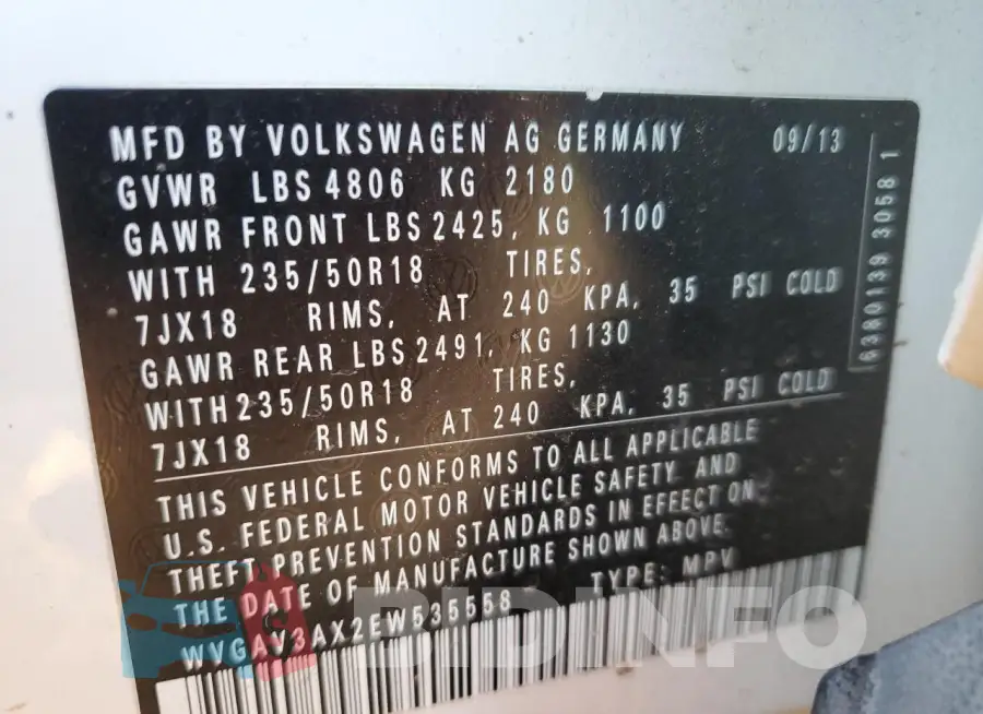 WVGAV3AX2EW535558 Photo# 13