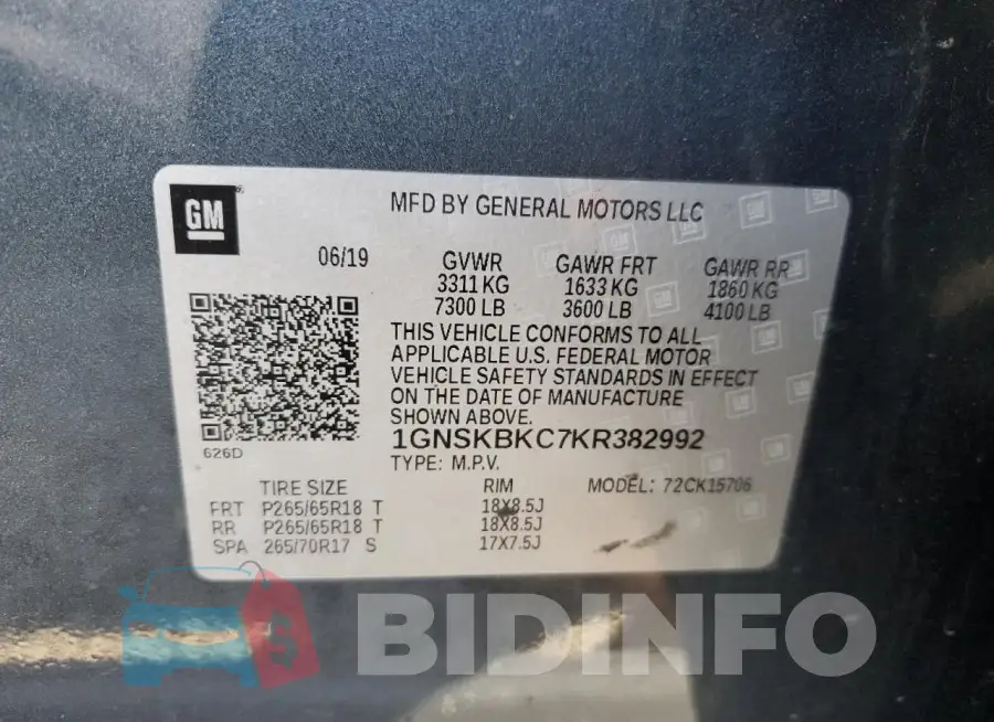 1GNSKBKC7KR382992 Photo# 13