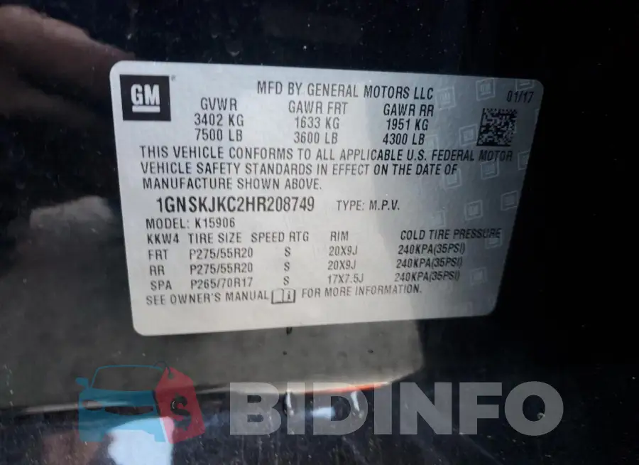1GNSKJKC2HR208749 Photo# 14