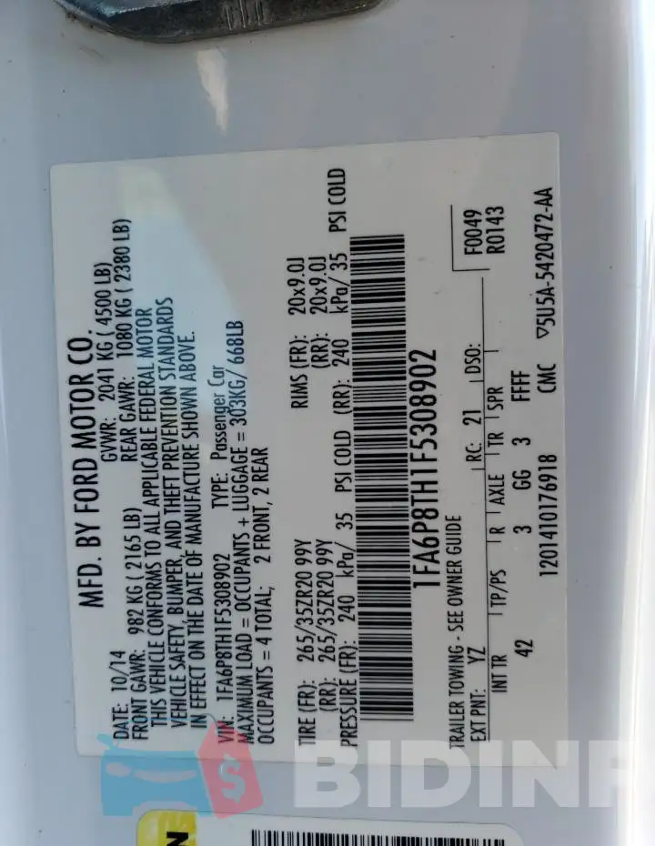 1FA6P8TH1F5308902 Photo# 12