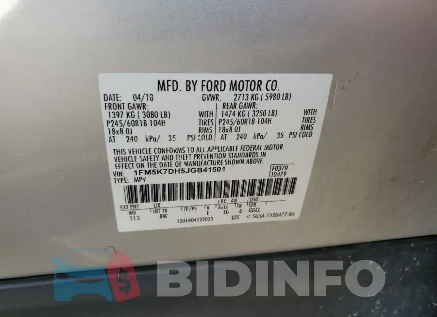 1FM5K7DH5JGB41501 Photo# 13