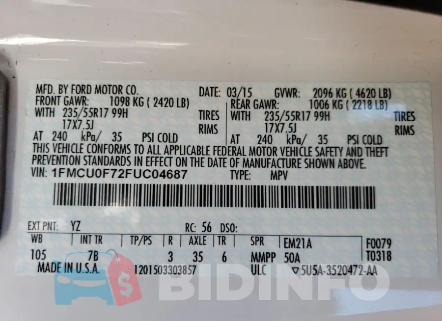 1FMCU0F72FUC04687 Photo# 14