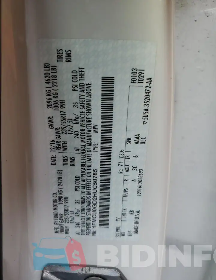 1FMCU0GD2HUC50785 Photo# 12